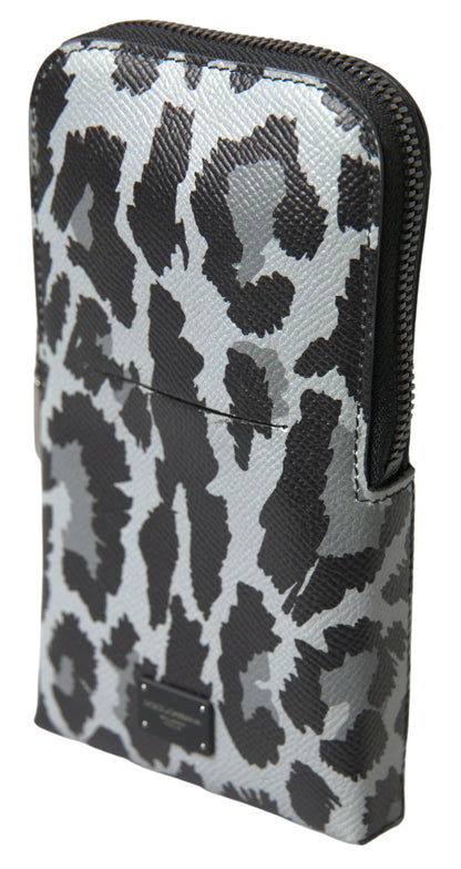 Dolce &amp; Gabbana Graue Leopardenleder Herren Geldbörse Crossbody Sling Handytasche