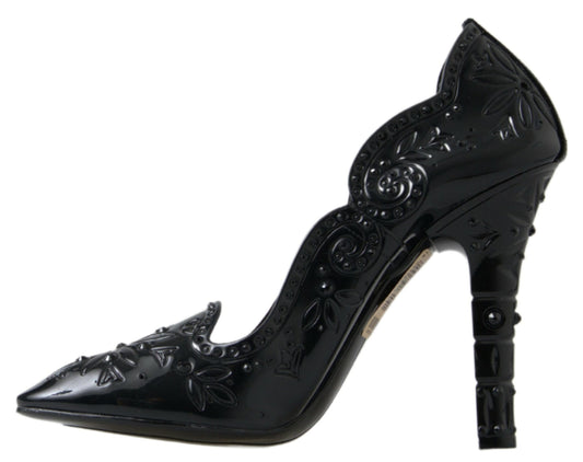 Dolce &amp; Gabbana Schwarze CINDERELLA-Absatzschuhe mit Blumen- und Kristallverzierung