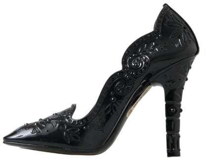 Dolce &amp; Gabbana Schwarze CINDERELLA-Absatzschuhe mit Blumen- und Kristallverzierung