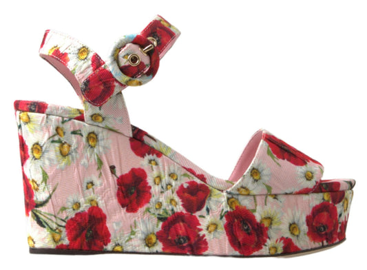 Dolce &amp; Gabbana – Sandalen mit Keilabsatz und Knöchelriemen in mehrfarbigem Blumenmuster