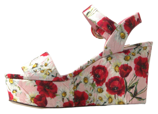 Dolce & Gabbana – Sandalen mit Keilabsatz und Knöchelriemen in mehrfarbigem Blumenmuster