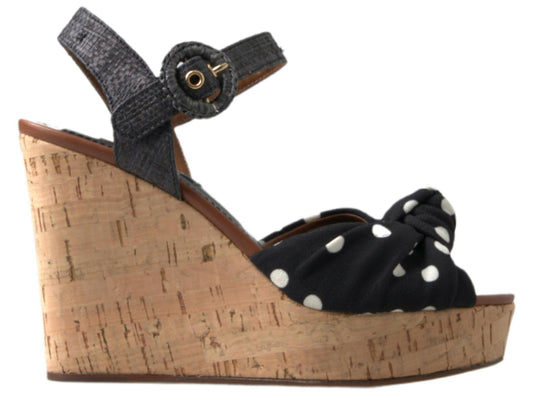 Dolce &amp; Gabbana Schwarze Keilabsatzsandalen mit gepunktetem Knöchelriemen