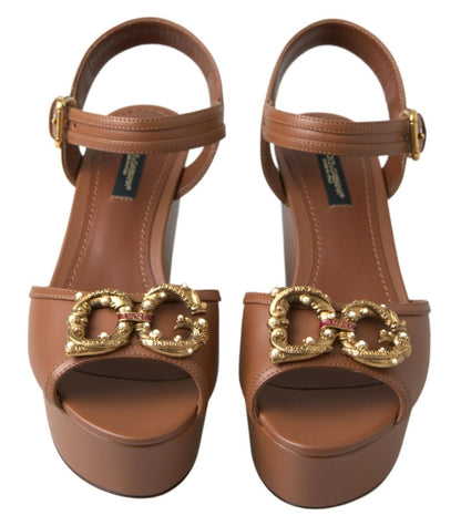 Dolce &amp; Gabbana Braune Leder AMORE Keilsandalen Schuhe