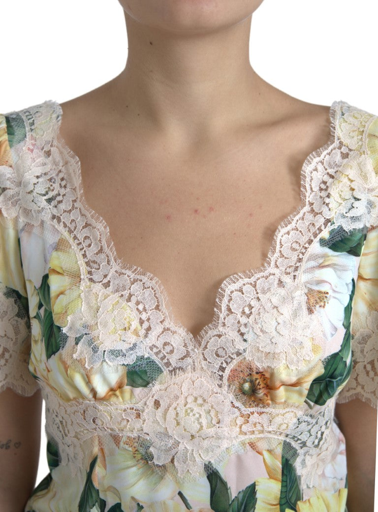 Dolce &amp; Gabbana, mehrfarbige Bluse mit V-Ausschnitt und Blumenspitze
