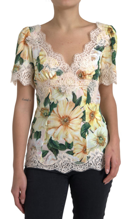 Dolce &amp; Gabbana, mehrfarbige Bluse mit V-Ausschnitt und Blumenspitze