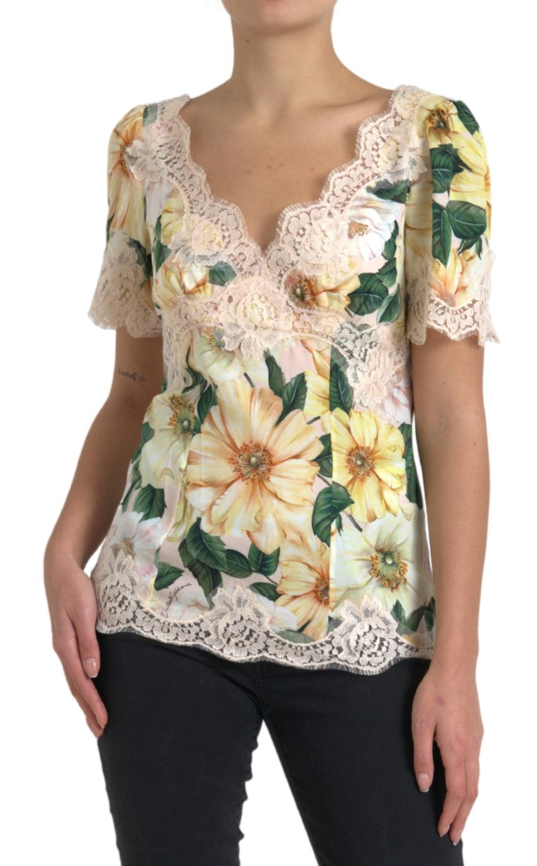 Dolce &amp; Gabbana, mehrfarbige Bluse mit V-Ausschnitt und Blumenspitze