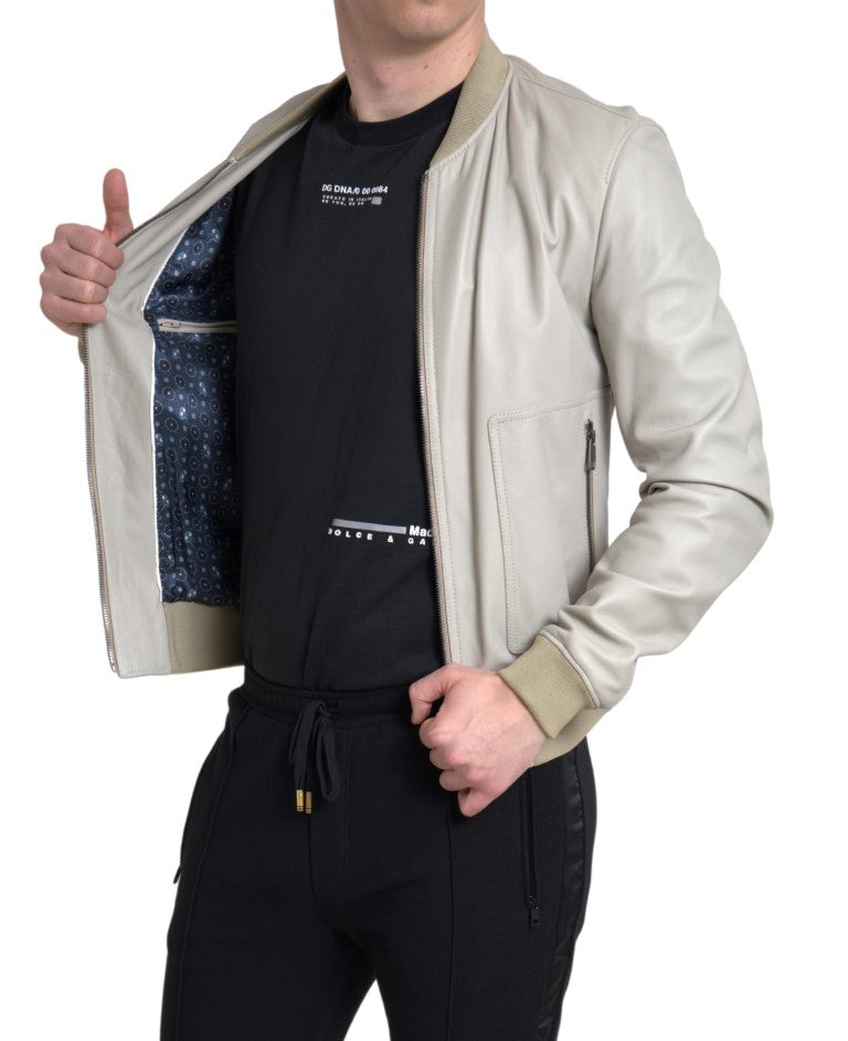 Dolce &amp; Gabbana – Cremefarbene Bomber-Blousonjacke aus Leder mit durchgehendem Reißverschluss