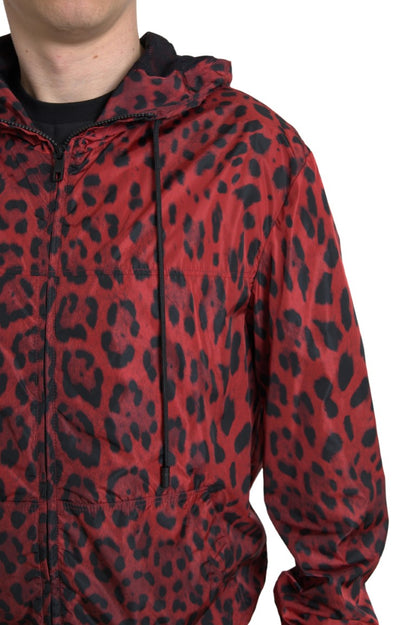 Dolce &amp; Gabbana – Bomberjacke mit Kapuze und durchgehendem Reißverschluss in Rot mit Leopardenmuster