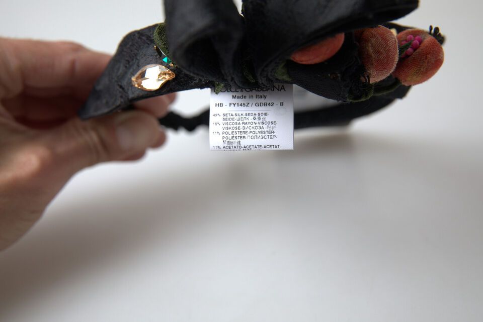 Dolce &amp; Gabbana Schwarzes Tiara-Diadem-Stirnband mit mehrfarbigem Feigenfrucht-Kristall