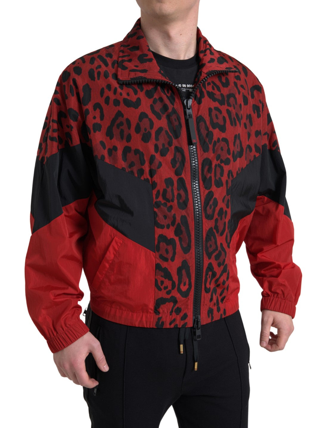 Dolce &amp; Gabbana Roter Nylonpullover mit durchgehendem Reißverschluss und Leopardenmuster
