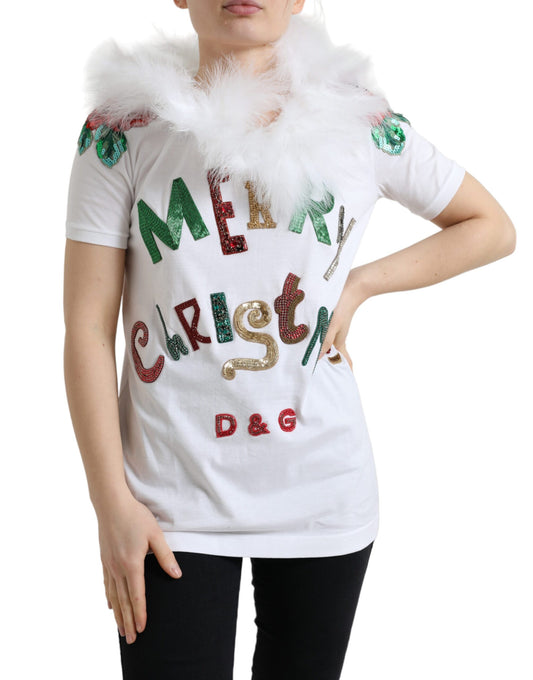 Dolce &amp; Gabbana Weißes Baumwoll-T-Shirt mit Weihnachtspailletten und Pelz
