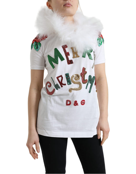 Dolce &amp; Gabbana Weißes Baumwoll-T-Shirt mit Weihnachtspailletten und Pelz
