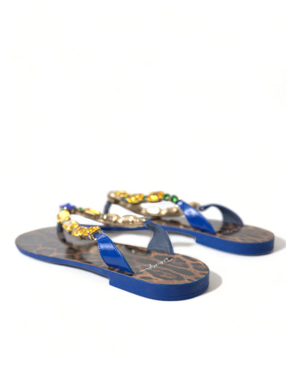 Dolce &amp; Gabbana Blaue Kristalle Flats Sandalen Beachwear Schuhe