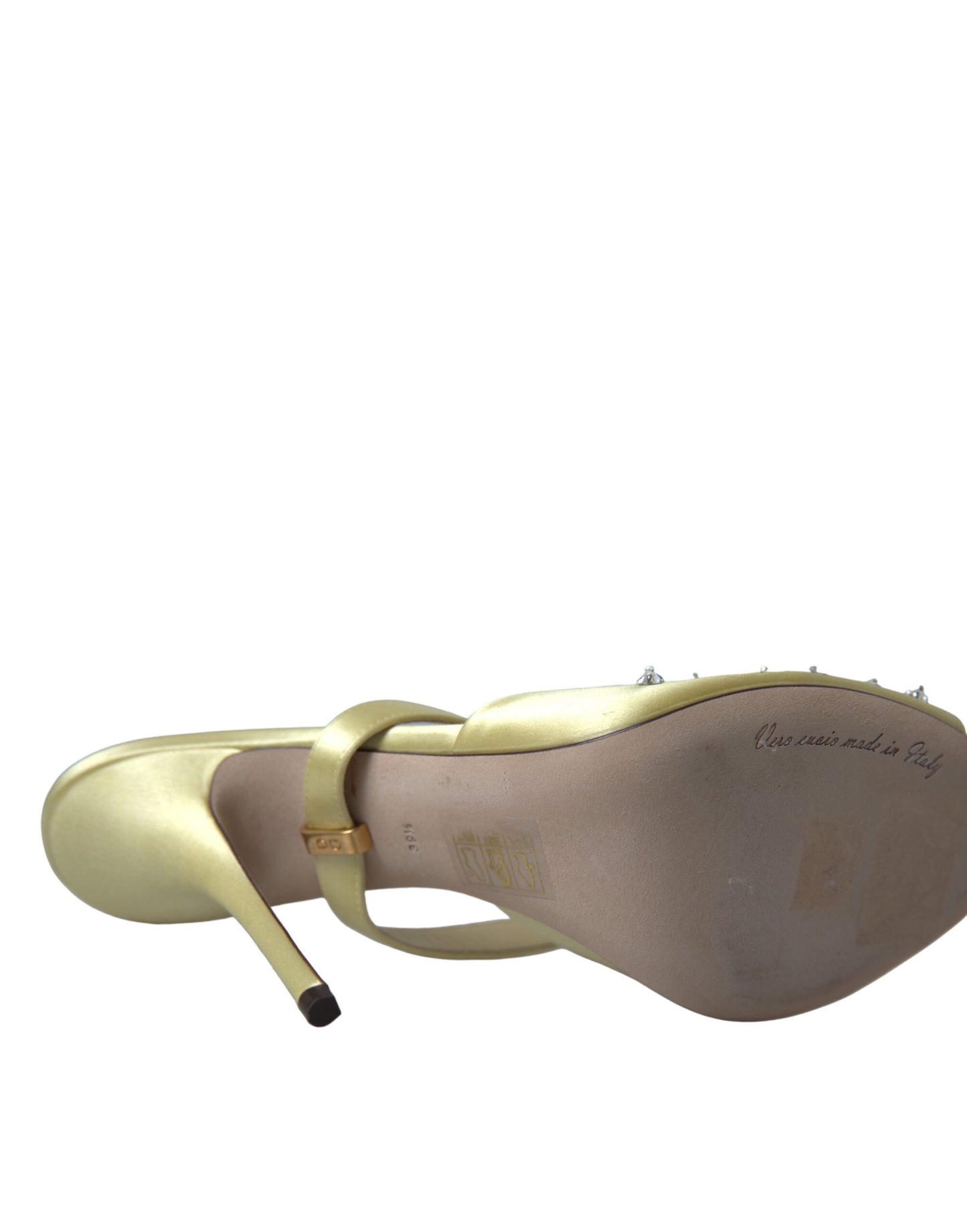 Dolce &amp; Gabbana – Mary-Janes-Sandalen aus gelbem Satin mit Kristallen