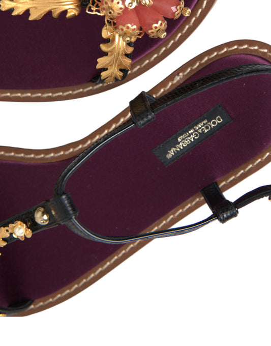 Dolce &amp; Gabbana Schwarze Kristallgold-Sandalen Lederschuhe