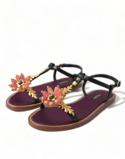 Dolce &amp; Gabbana Schwarze Kristallgold-Sandalen Lederschuhe