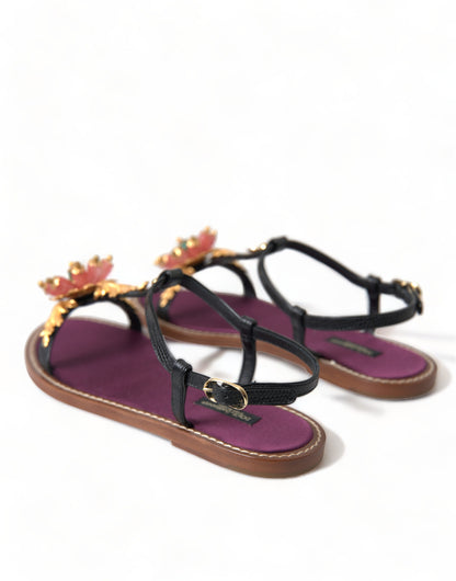 Dolce &amp; Gabbana Schwarze Kristallgold-Sandalen Lederschuhe