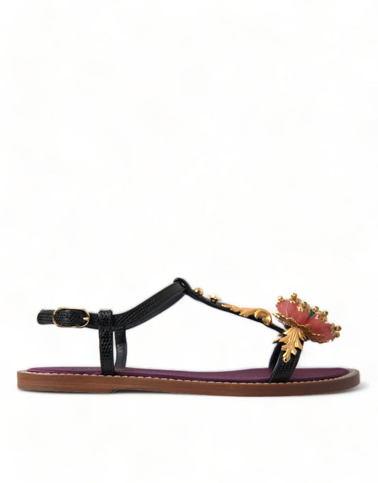 Dolce &amp; Gabbana Schwarze Kristallgold-Sandalen Lederschuhe