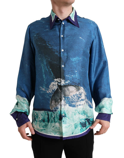 Dolce &amp; Gabbana – Button-Down-Hemd aus Seide mit blauem Ozean-Print und Kragen