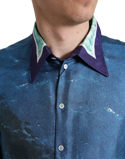 Dolce &amp; Gabbana – Button-Down-Hemd aus Seide mit blauem Ozean-Print und Kragen