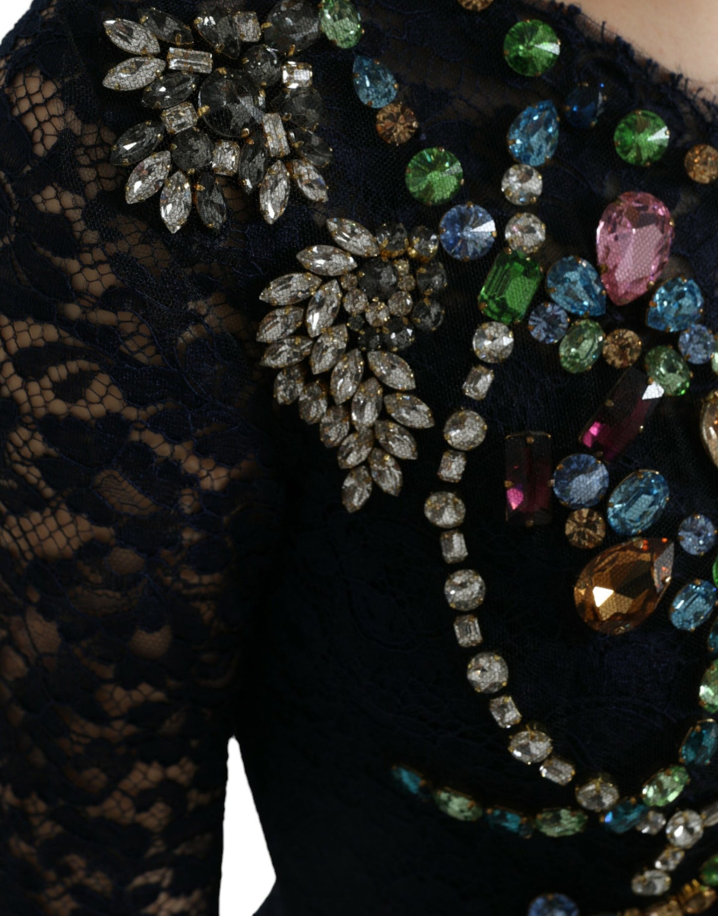 Dolce &amp; Gabbana – Langes Kleid aus blauer, geblümter Spitze mit Kristallen