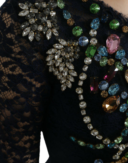 Dolce &amp; Gabbana – Langes Kleid aus blauer, geblümter Spitze mit Kristallen