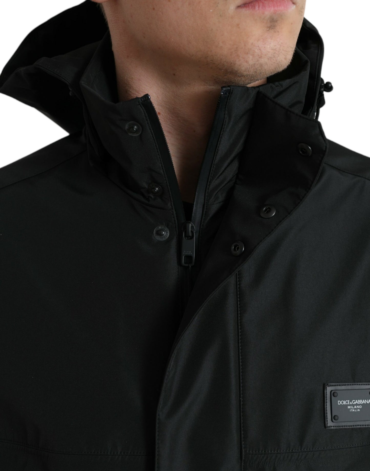 Dolce &amp; Gabbana – Schwarze Kapuzenjacke aus Polyester mit Logo-Plakette