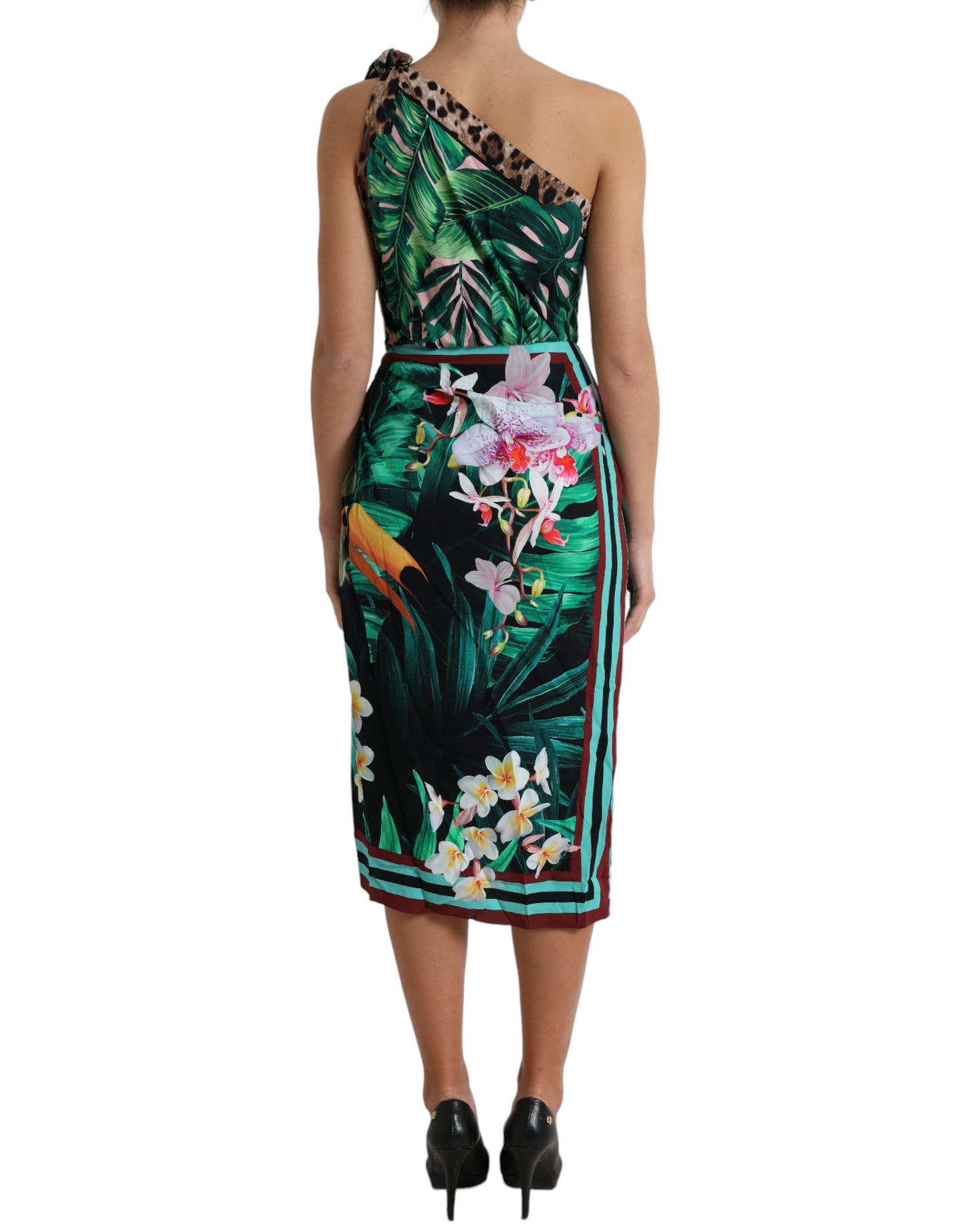Dolce &amp; Gabbana – Grünes One-Shoulder-Midikleid mit tropischem Dschungel-Print