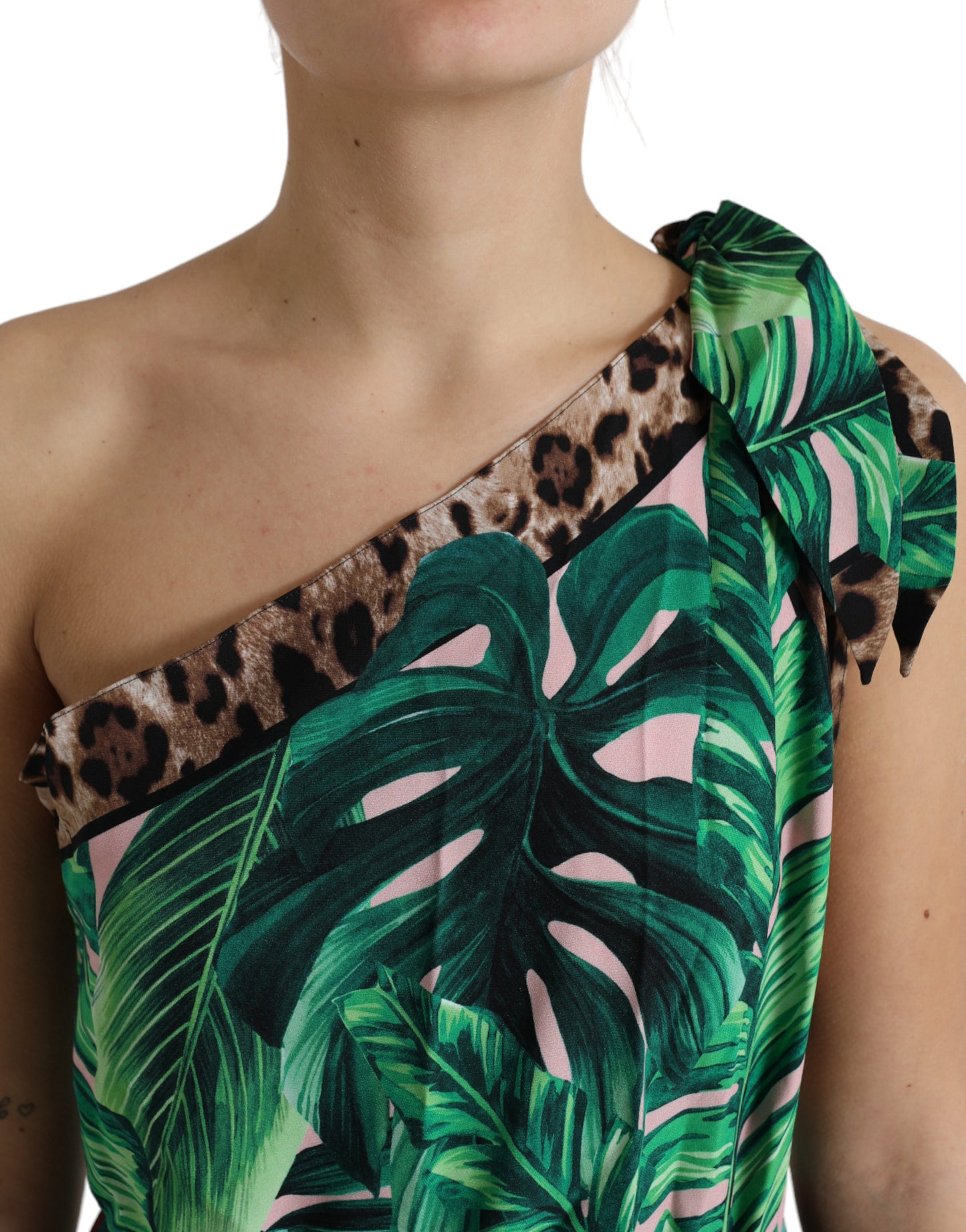 Dolce &amp; Gabbana – Grünes One-Shoulder-Midikleid mit tropischem Dschungel-Print