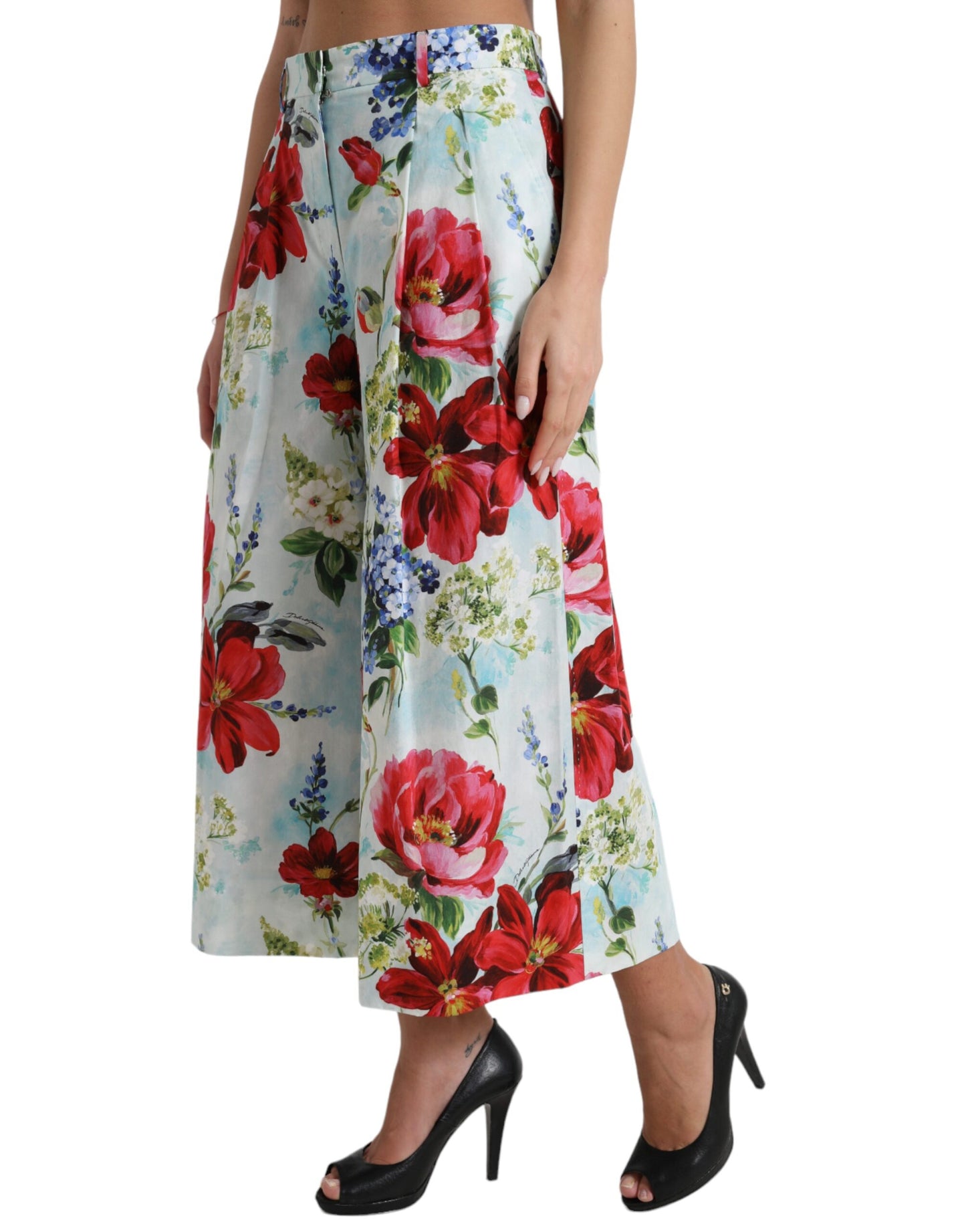 Dolce &amp; Gabbana – Mehrfarbige Hose mit weitem Bein und Blumenmuster und hoher Taille