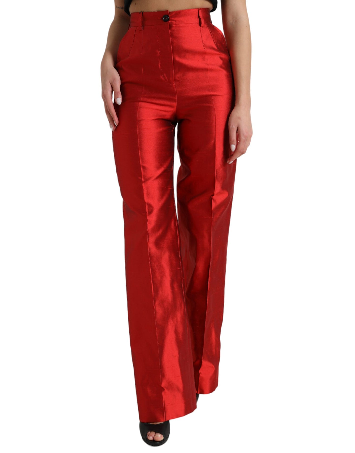 Dolce &amp; Gabbana – Rote Hose aus Satinseide mit hoher Taille und weitem Bein