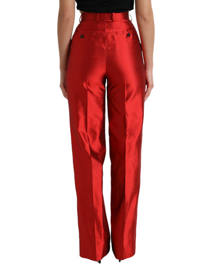 Dolce &amp; Gabbana – Rote Hose aus Satinseide mit hoher Taille und weitem Bein