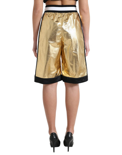 Dolce &amp; Gabbana – Shorts aus perforiertem Polyester mit hoher Taille in Gold