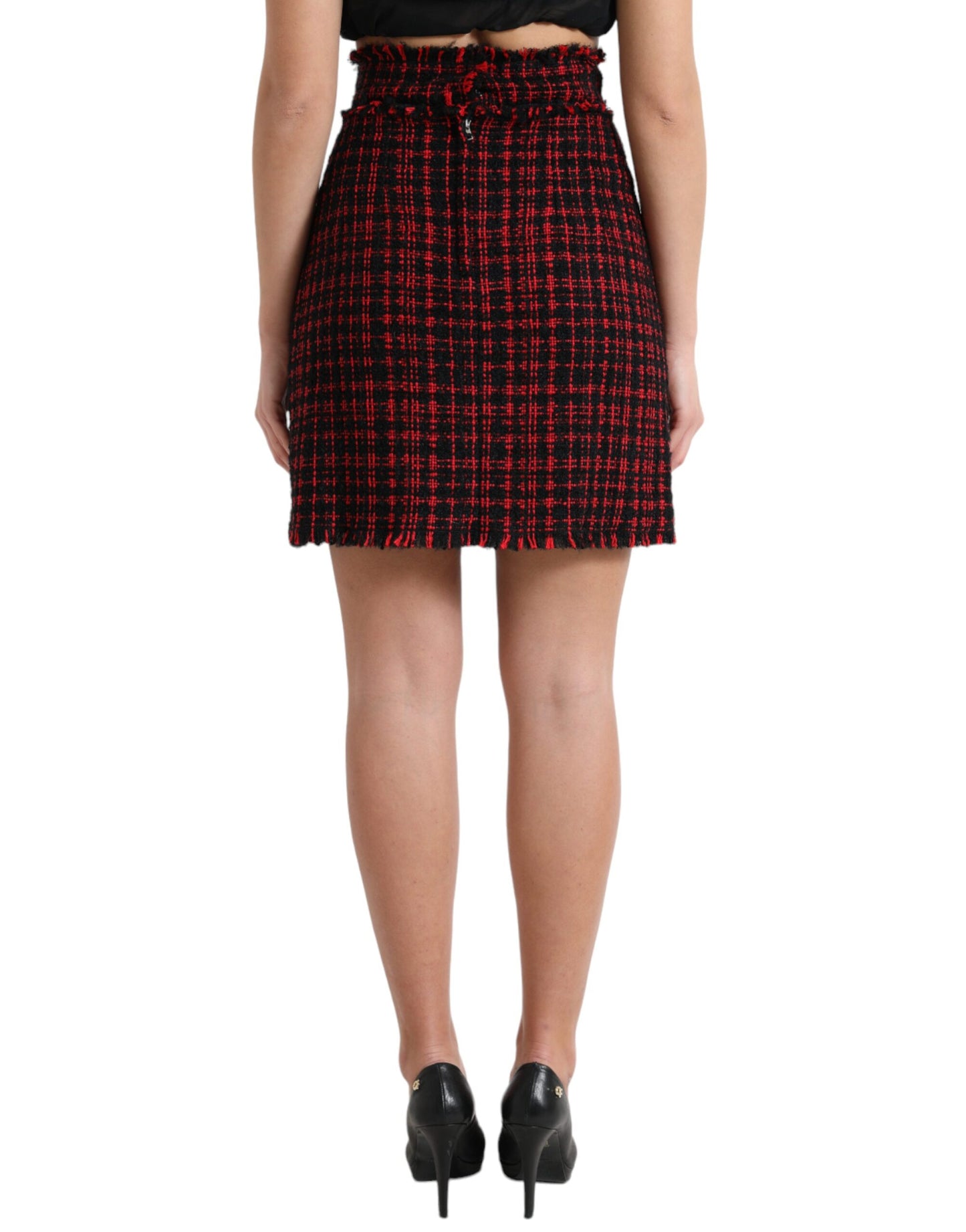 Dolce &amp; Gabbana – Schwarz-roter Minirock aus Baumwolle mit hoher Taille und Tartan-Tweed