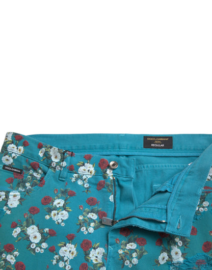 Dolce &amp; Gabbana – Enge Jeanshose aus Baumwolle mit Blumenmuster in Blau
