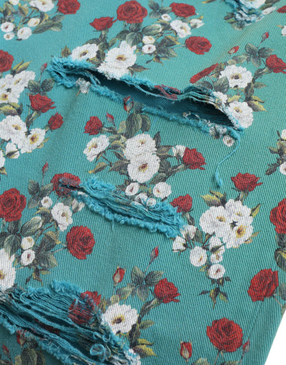 Dolce &amp; Gabbana – Enge Jeanshose aus Baumwolle mit Blumenmuster in Blau