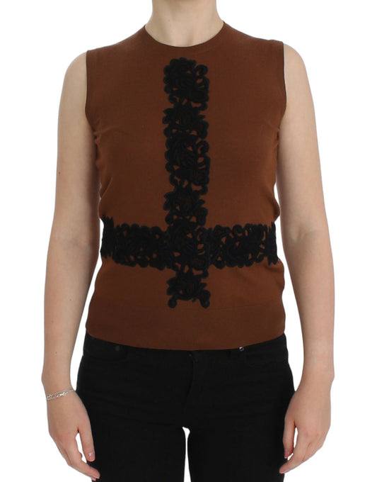 Dolce &amp; Gabbana – Weste aus brauner Wolle mit schwarzer Spitze