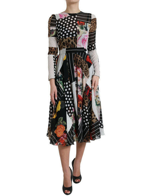 Dolce &amp; Gabbana Mehrfarbiges Patchwork-Kleid mit Blumen- und Leopardenmuster