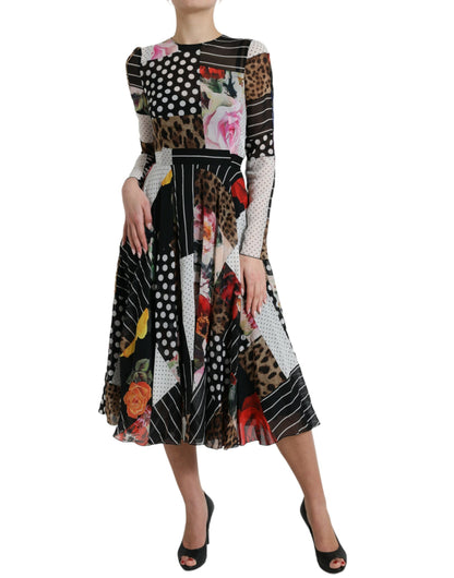 Dolce &amp; Gabbana Mehrfarbiges Patchwork-Kleid mit Blumen- und Leopardenmuster
