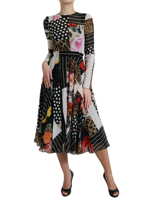 Dolce &amp; Gabbana Mehrfarbiges Patchwork-Kleid mit Blumen- und Leopardenmuster