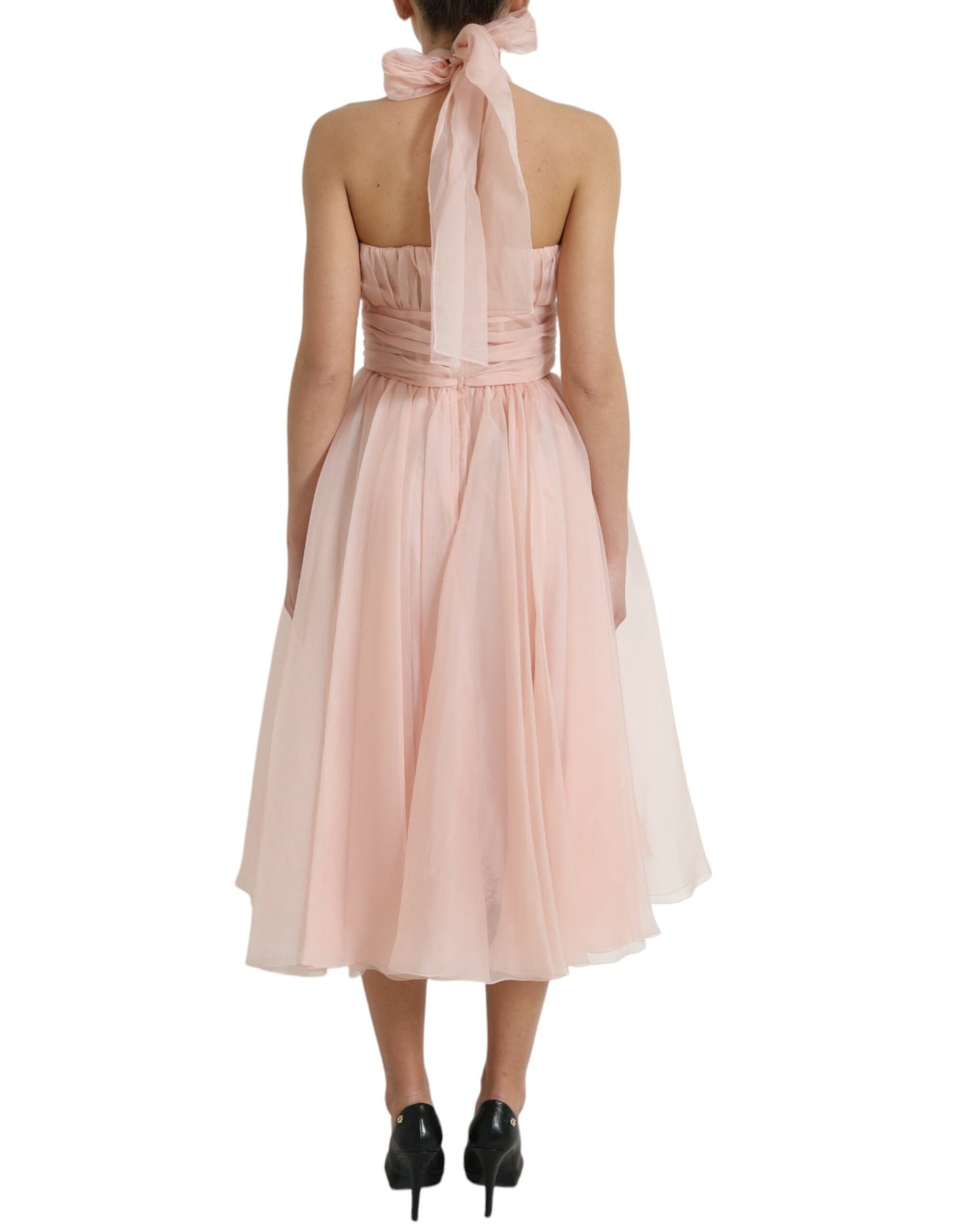Dolce &amp; Gabbana – Neckholder-Midikleid in A-Linie und mit Plissee in Rosa aus Seidenchiffon