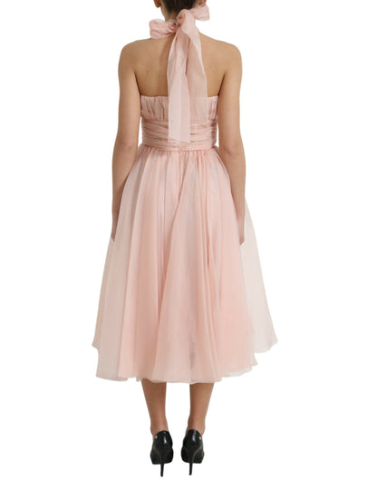 Dolce &amp; Gabbana – Neckholder-Midikleid in A-Linie und mit Plissee in Rosa aus Seidenchiffon