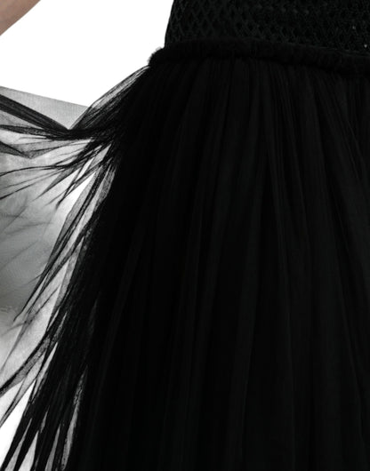 Dolce &amp; Gabbana – Schwarzes, ärmelloses Netz-Lagenkleid mit Pailletten