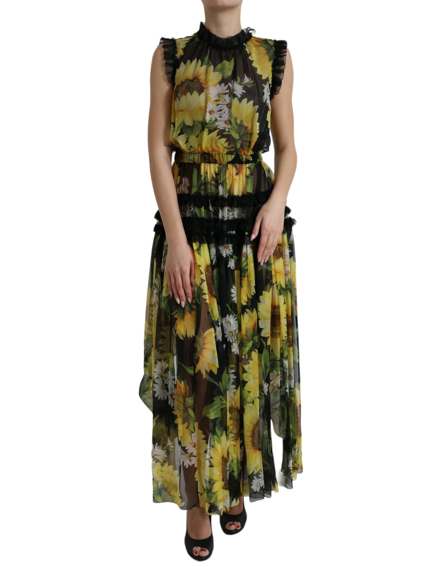 Dolce &amp; Gabbana Schwarzes A-Linien-Maxikleid mit Sonnenblumen-Plissee