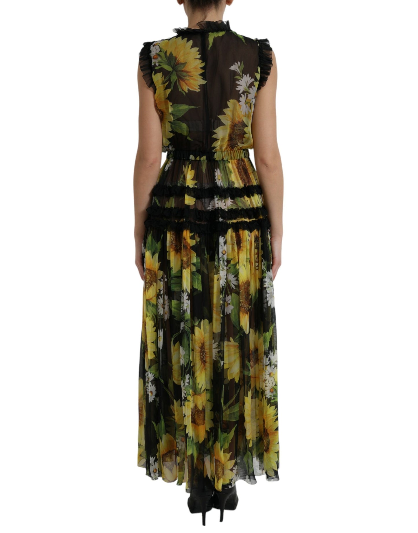 Dolce &amp; Gabbana Schwarzes A-Linien-Maxikleid mit Sonnenblumen-Plissee