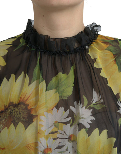 Dolce &amp; Gabbana Schwarzes A-Linien-Maxikleid mit Sonnenblumen-Plissee