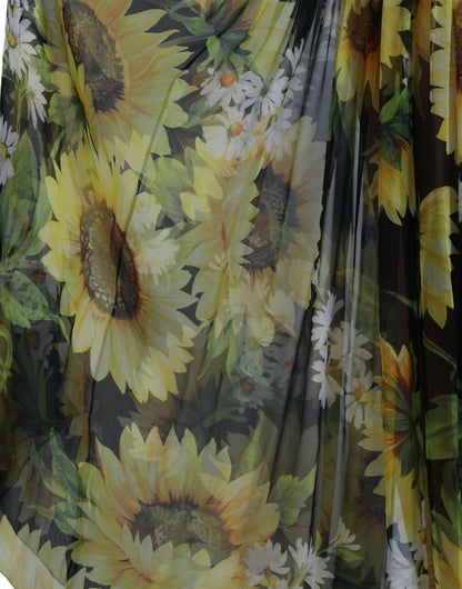 Dolce &amp; Gabbana Schwarzes A-Linien-Maxikleid mit Sonnenblumen-Plissee