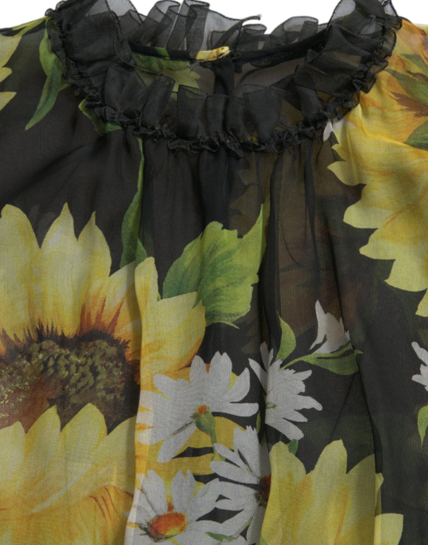 Dolce &amp; Gabbana Schwarzes A-Linien-Maxikleid mit Sonnenblumen-Plissee