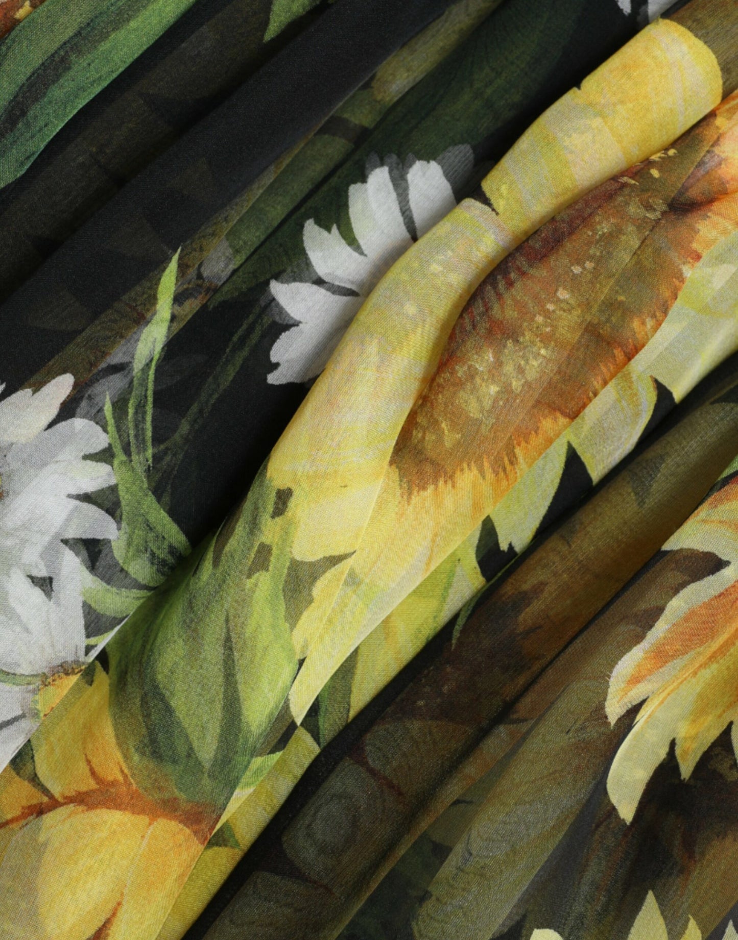 Dolce &amp; Gabbana Schwarzes A-Linien-Maxikleid mit Sonnenblumen-Plissee