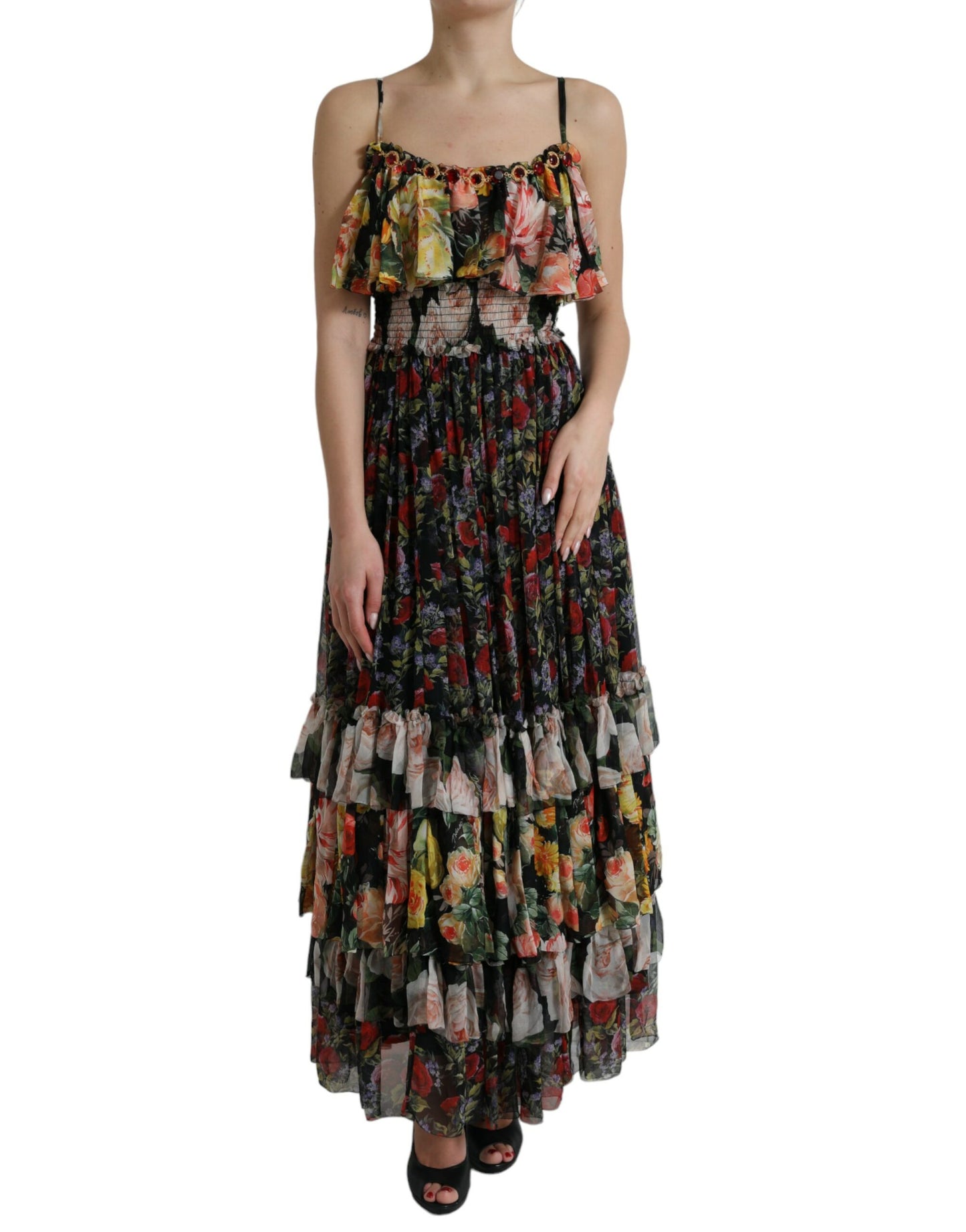 Dolce &amp; Gabbana – Mehrfarbiges, gestuftes Maxikleid aus Chiffon mit Blumenmuster